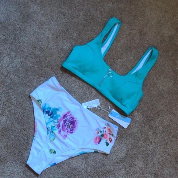 Cupshe aqua zip and floral bikini - Picture 2 of 5